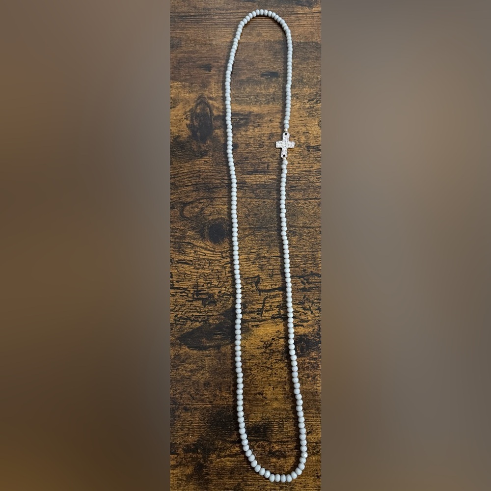 Long Beaded Necklace with Rustic Hammered Cross​​